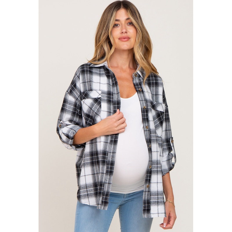 Black Plaid Maternity Flannel Top