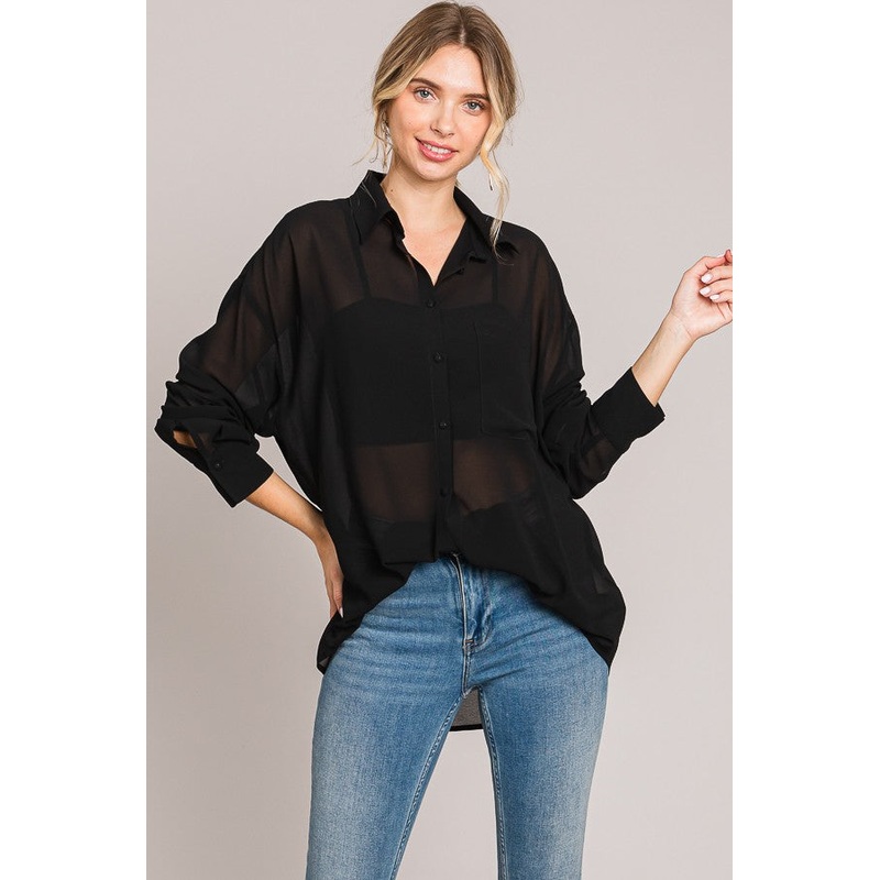 Black Sheer Button Down Blouse