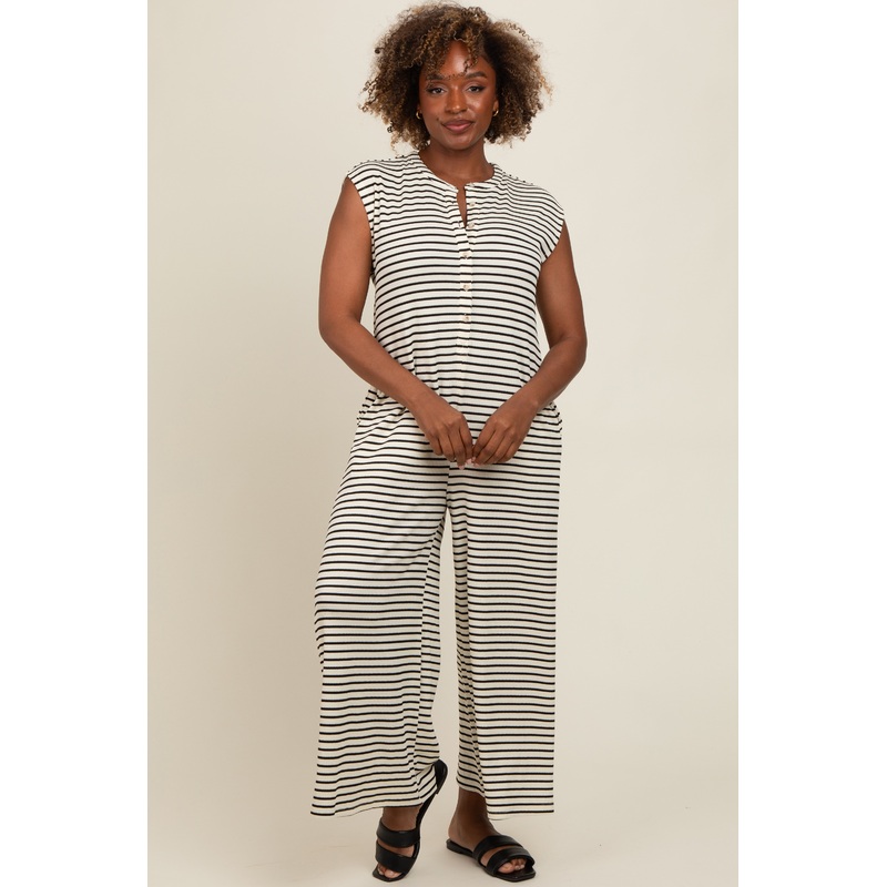Black Striped Button Up Wide Leg Jumpsuit