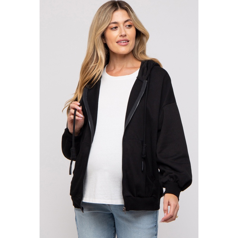 Black Zipper Hooded Maternity Jacket