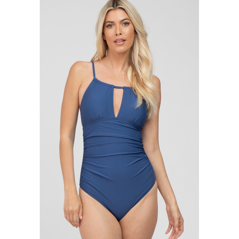 Blue Back Tie Cutout One Piece Ruched Swimsuit