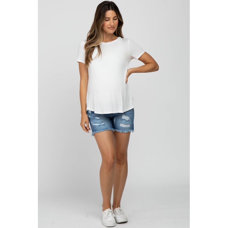 Blue Distressed Fringe Hem Maternity Denim Shorts