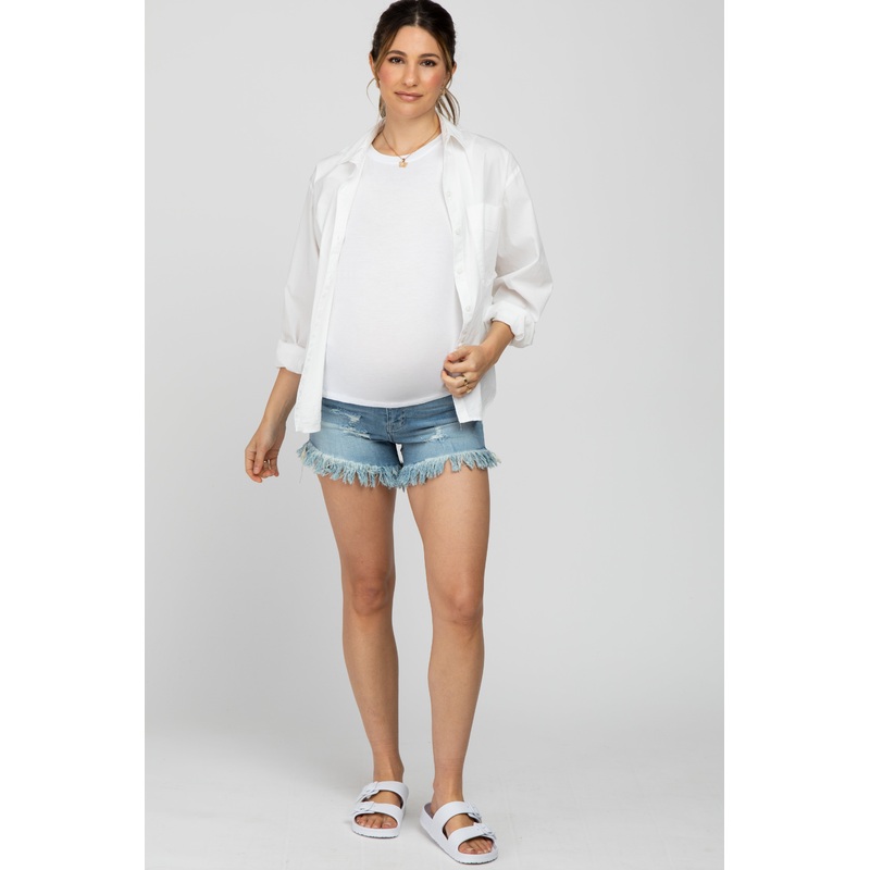 Light Blue Frayed Maternity Jean Shorts