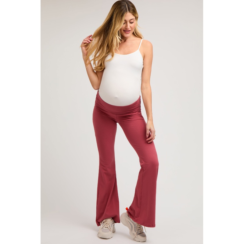 Mauve Fold-Over Waistband Flared Maternity Leggings
