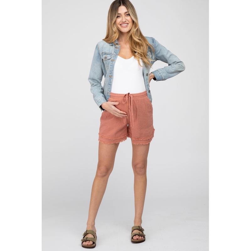Mauve Striped Fringe Hem Maternity Shorts