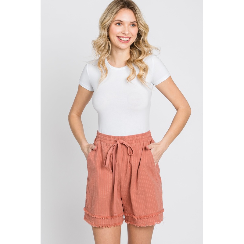 Mauve Striped Fringe Hem Shorts