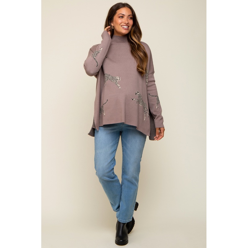 Taupe Animal Print Side Slit Maternity Sweater
