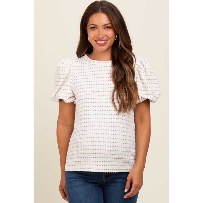 Taupe Checker Print Puff Sleeve Maternity Top