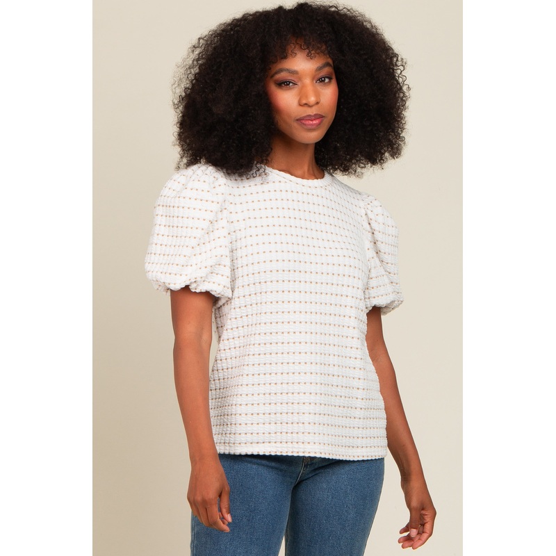 Taupe Checker Print Puff Sleeve Top