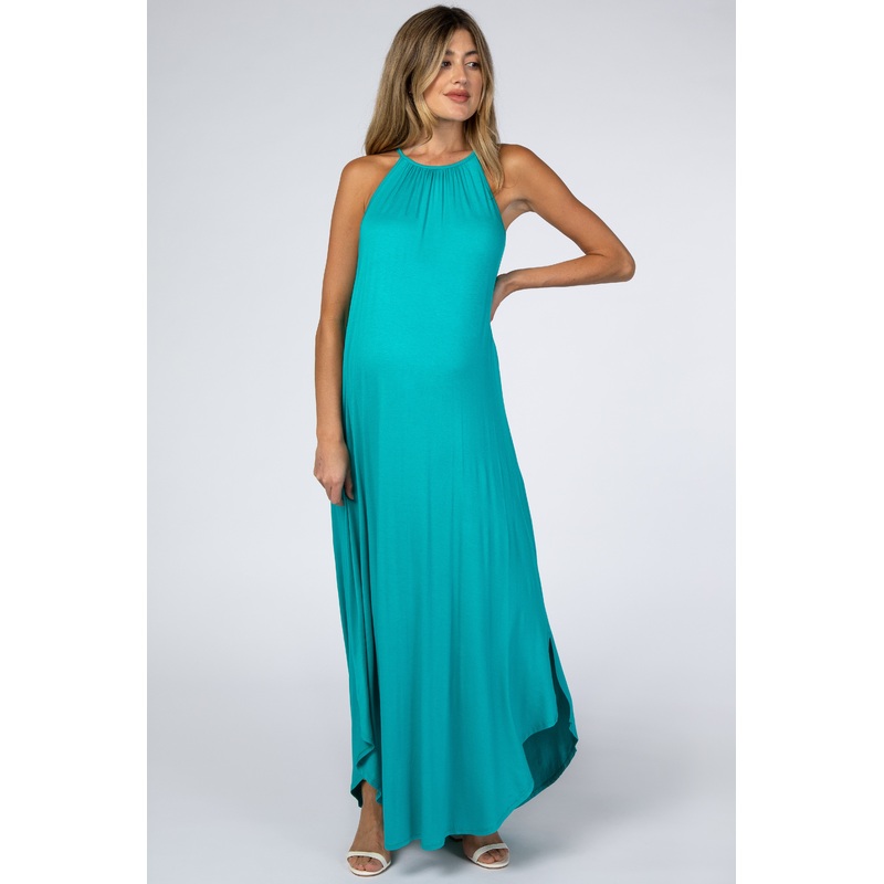Turquoise High Neck Side Slit Maternity Maxi Dress
