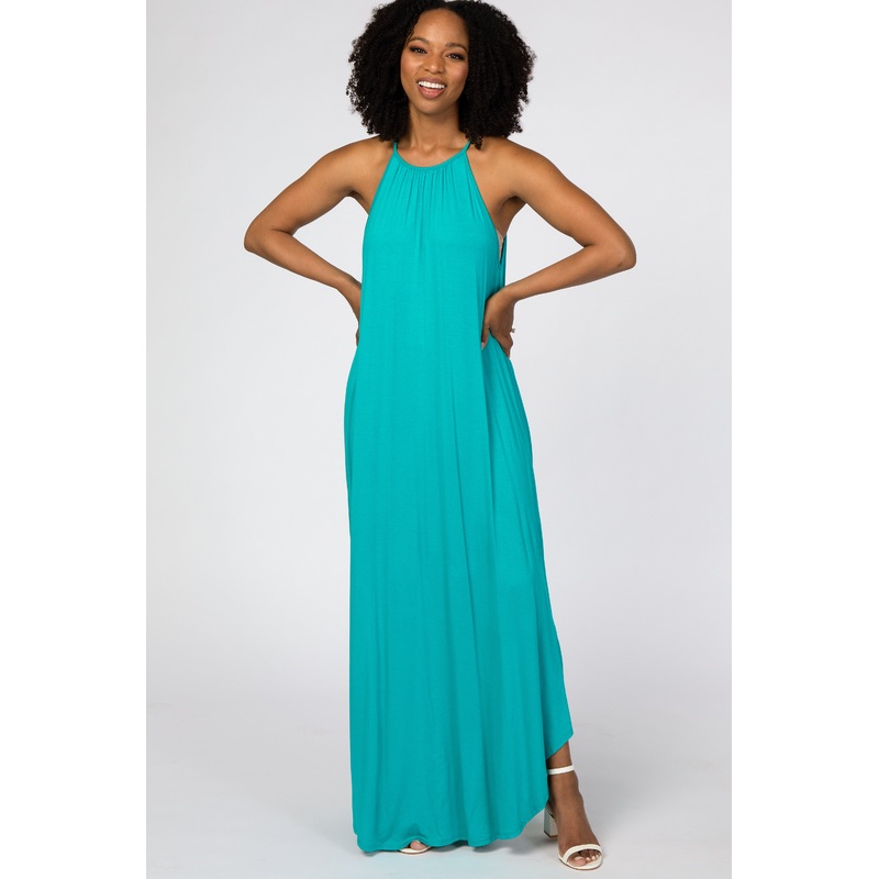Turquoise High Neck Side Slit Maxi Dress