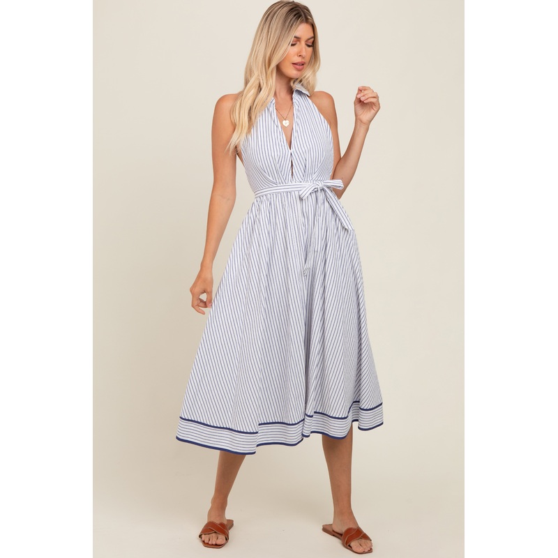 White Striped Halter Midi Shirt Dress