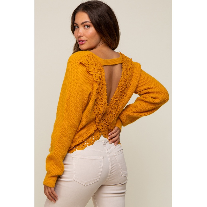 Yellow Back Cutout Lace Accent Maternity Sweater