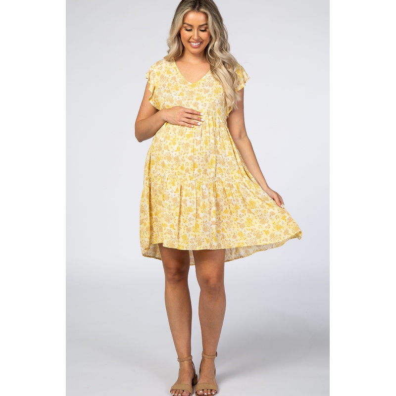 Yellow Floral Ruffle Sleeve Pleated Tier Maternity Mini Dress