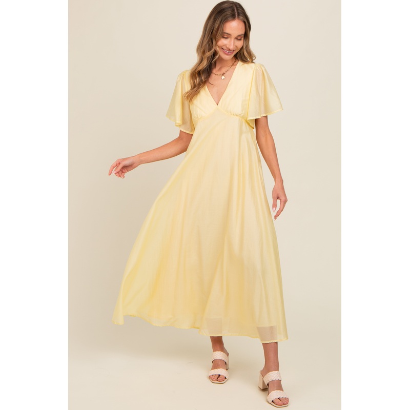 Yellow V-Neck Flutter Sleeve Maxi Dress