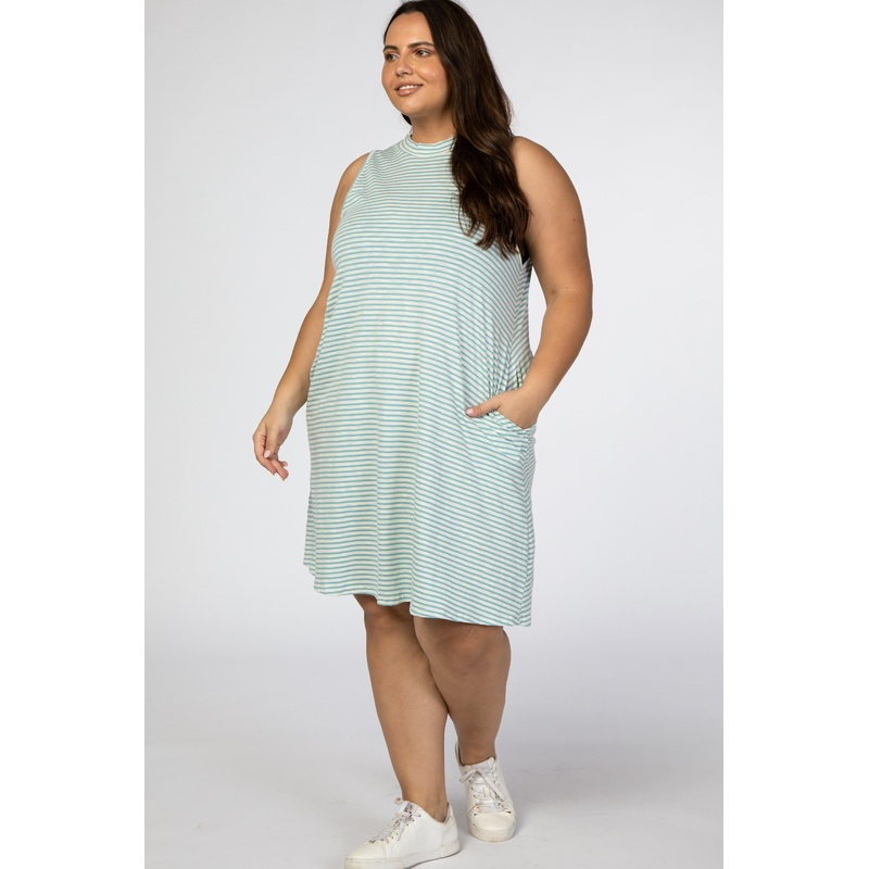Aqua Striped Mock Neck Sleeveless Plus Dress