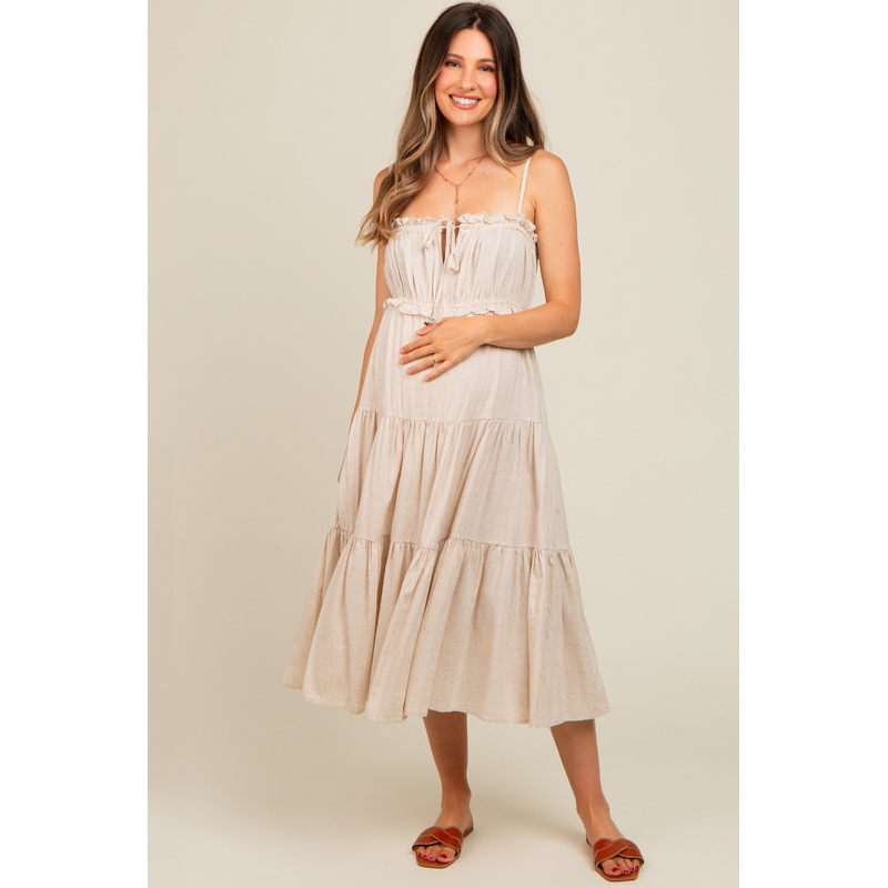 Beige Front Tie Cutout Tiered Maternity Midi Dress