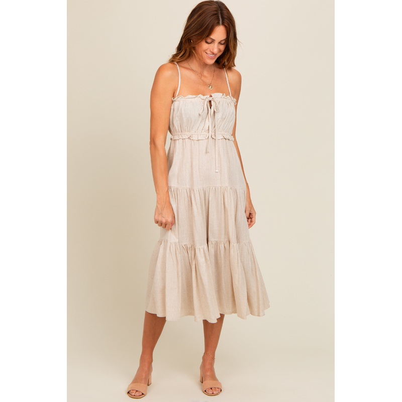 Beige Front Tie Cutout Tiered Midi Dress