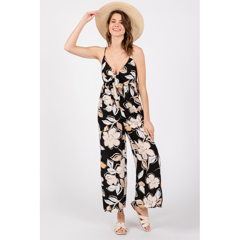 Black Floral Tie Front Jumpsuit