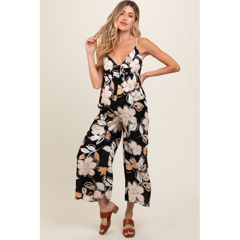 Black Floral Tie Front Maternity Jumpsuit
