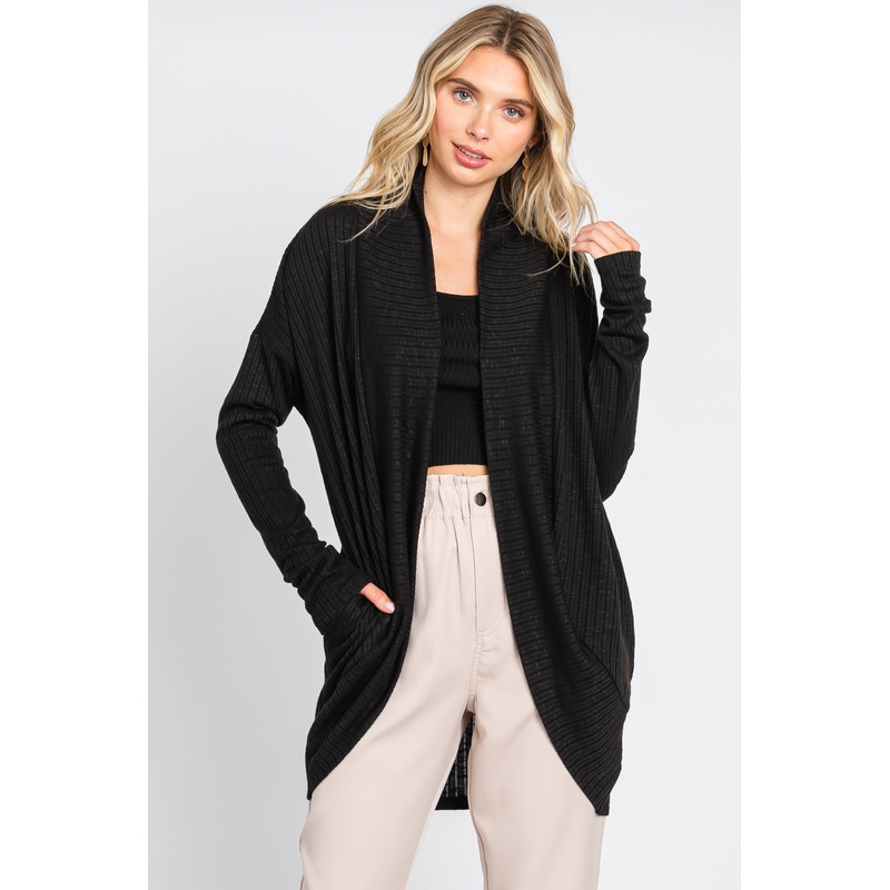 Black Ribbed Open Front Cardigan