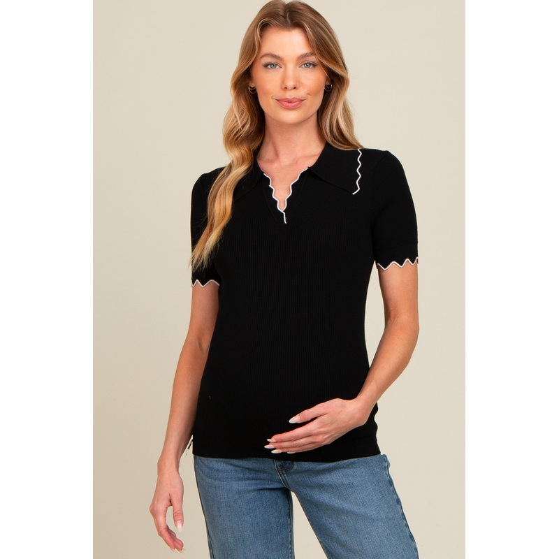 Black Ribbed Scallop Trim Split V-Neck Short Sleeve Maternity Top