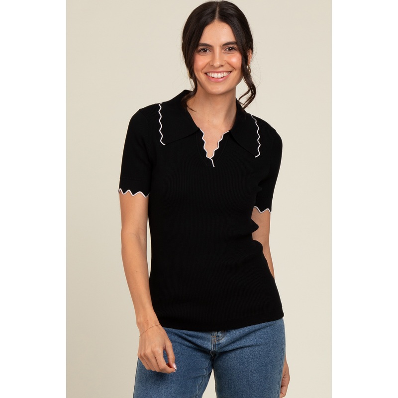 Black Ribbed Scallop Trim Split V-Neck Short Sleeve Top