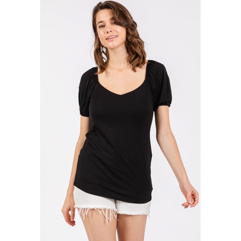Black Short Puff Sleeve V-Neck Top