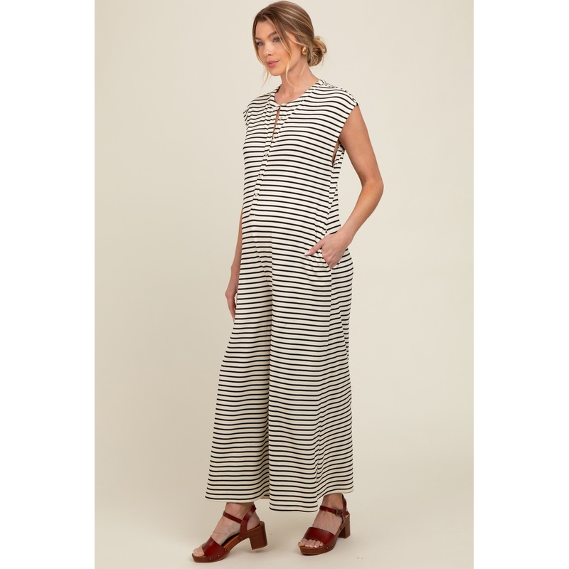 Black Striped Button Up Wide Leg Maternity Jumpsuit