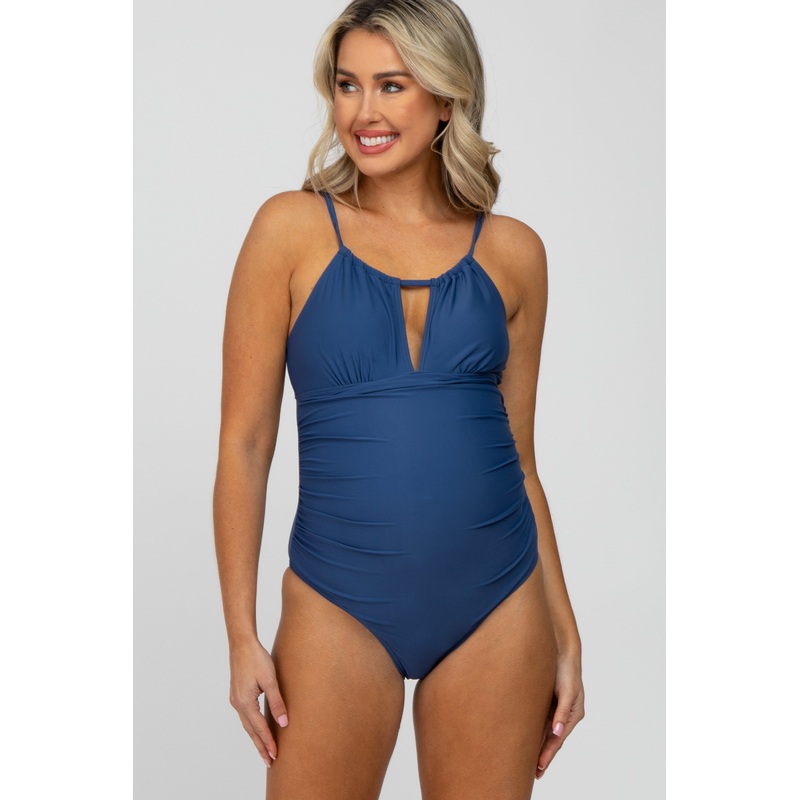 Blue Back Tie Cutout One Piece Ruched Maternity Swimsuit