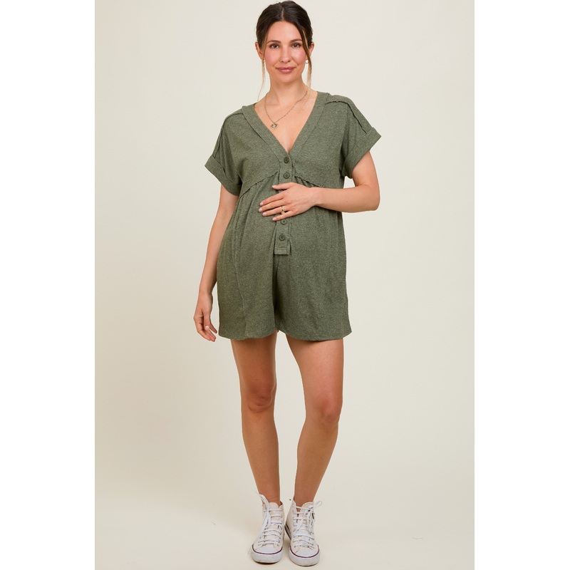 Olive Button Up Raw Hem Maternity Romper