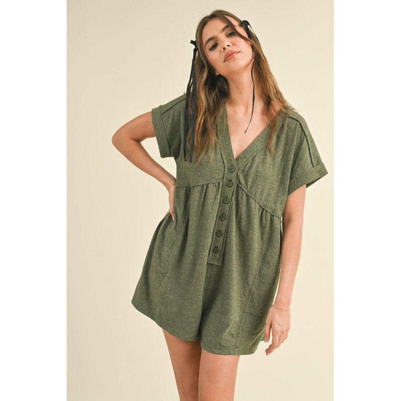 Olive Button Up Raw Hem Romper