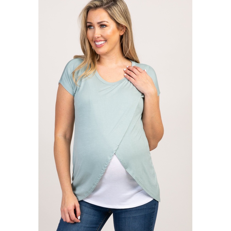 Sage Green Layered Wrap Front Maternity/Nursing Top