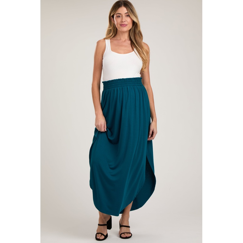 Teal Smocked Rounded Hem Maternity Maxi Skirt
