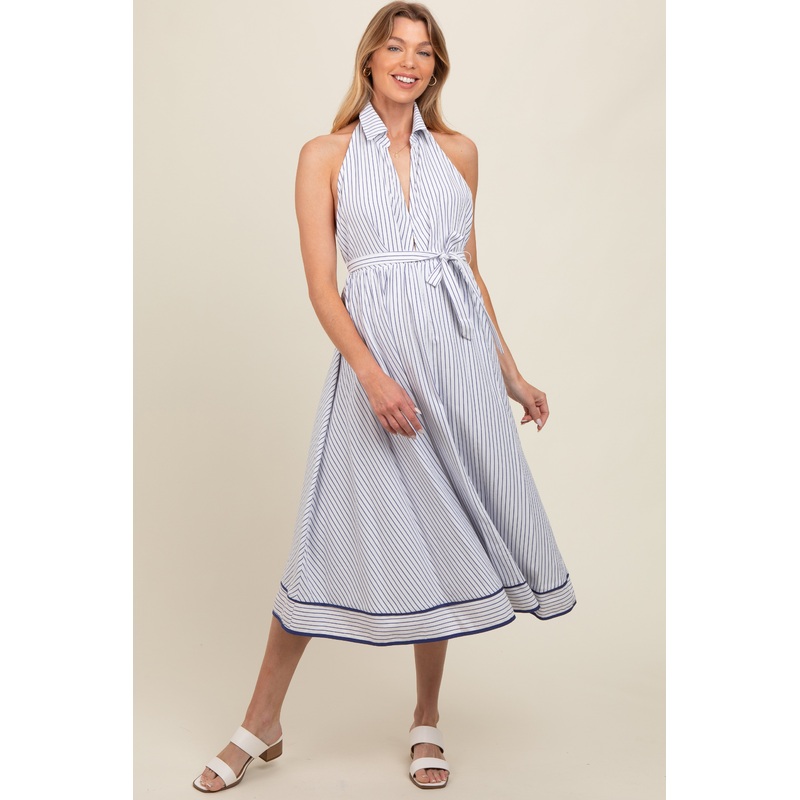 White Striped Halter Maternity Midi Shirt Dress
