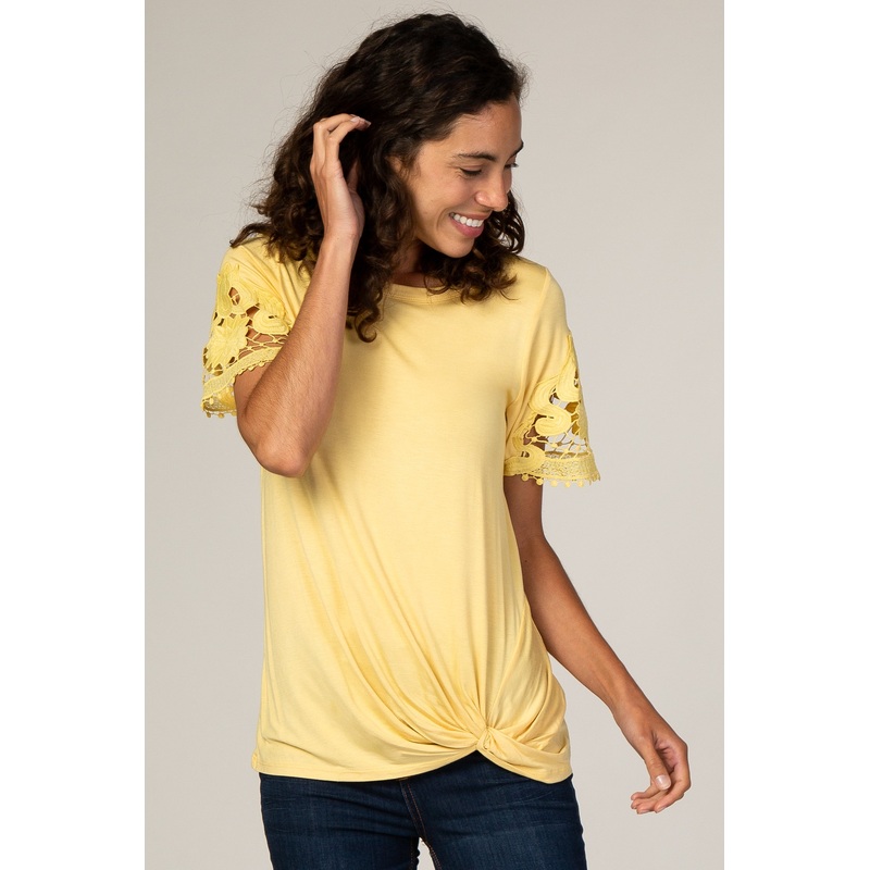 Yellow Crochet Sleeve Knotted Hem Top