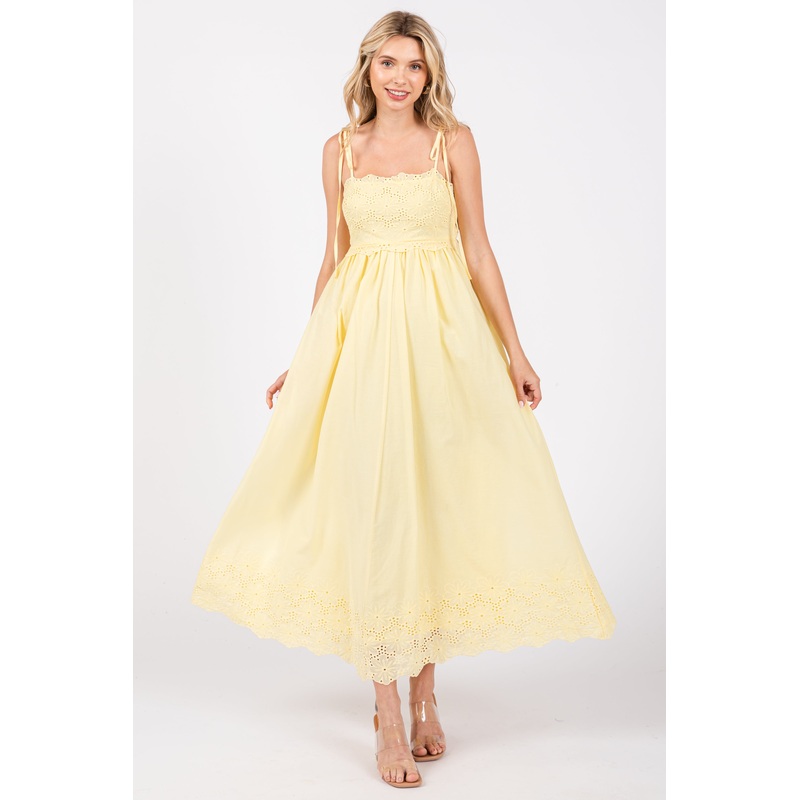 Yellow Eyelet Floral Shoulder Tie Dress