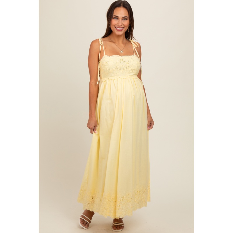 Yellow Eyelet Floral Shoulder Tie Maternity Dress