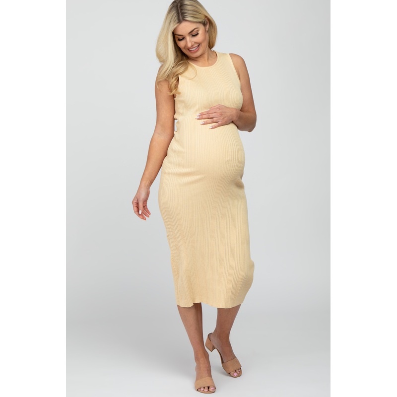 Yellow Ribbed Sleeveless Back Cutout Maternity Midi Dress