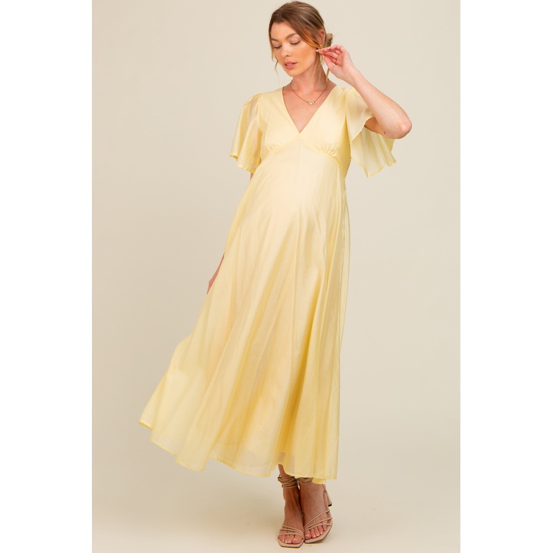 Yellow V-Neck Flutter Sleeve Maternity Maxi Dress