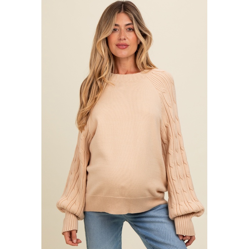 Beige Contrast Cable Knit Sleeve Maternity Sweater