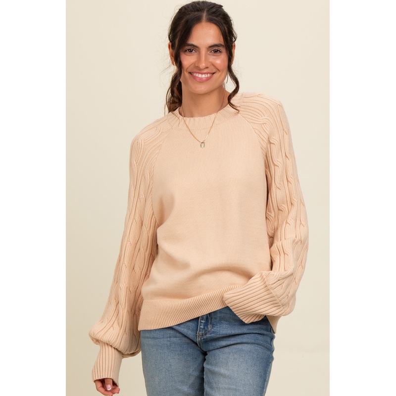Beige Contrast Cable Knit Sleeve Sweater
