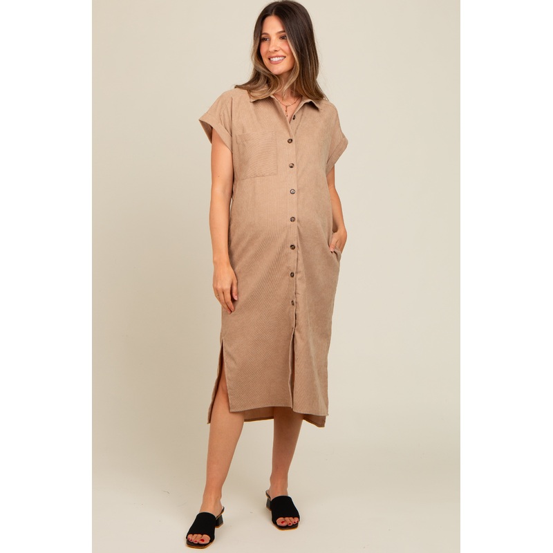 Beige Corduroy Button Down Maternity Midi Dress