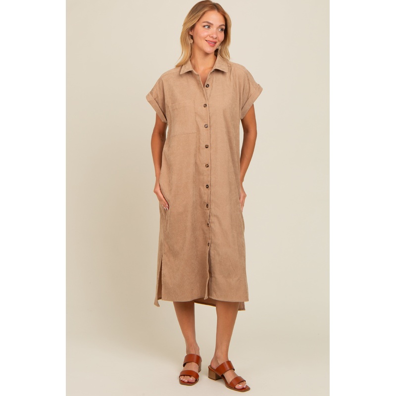 Beige Corduroy Button Down Midi Dress