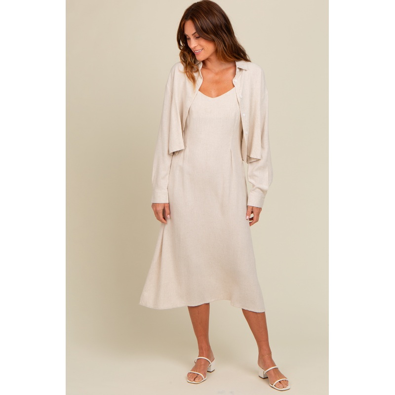 Beige Linen Cropped Shirt Midi Dress Set