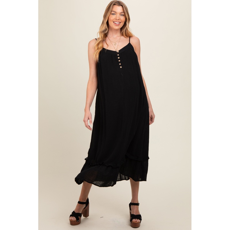Black Button Front Pocketed Maternity Midi Dress