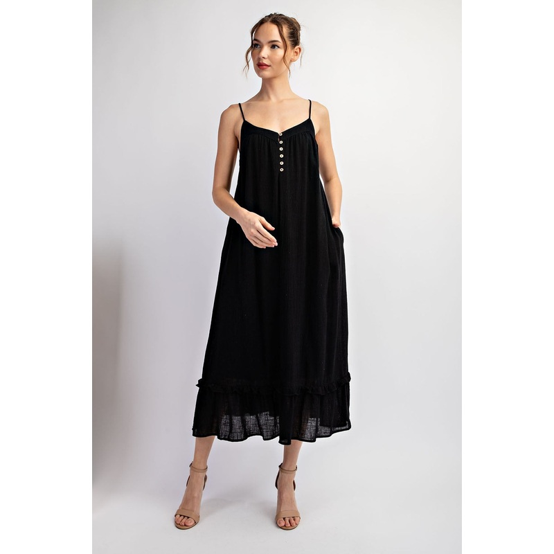 Black Button Front Pocketed Midi Dress