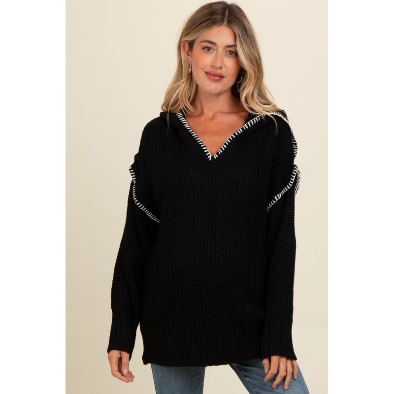 Black Contrast Stitch Hooded Maternity Sweater