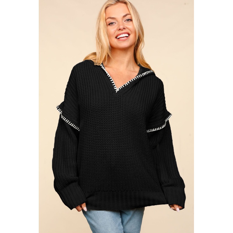 Black Contrast Stitch Hooded Sweater