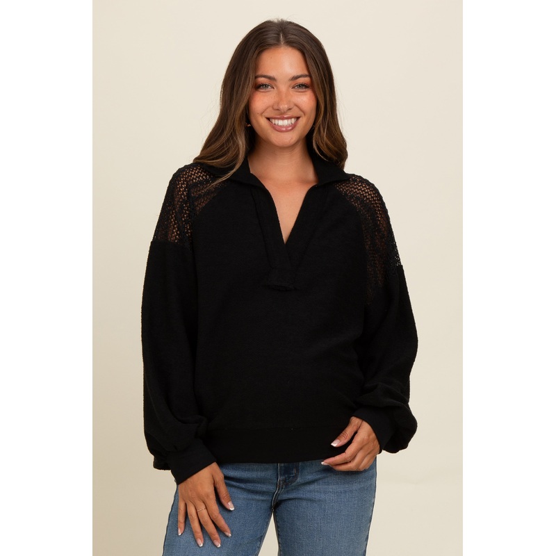 Black Crochet Detail Collared Maternity Pullover